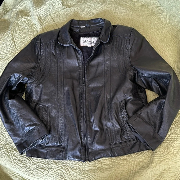 Custom upcycled Vintage black genuine leather motorcycle jacket w/ PUNK on back - Picture 5 of 10